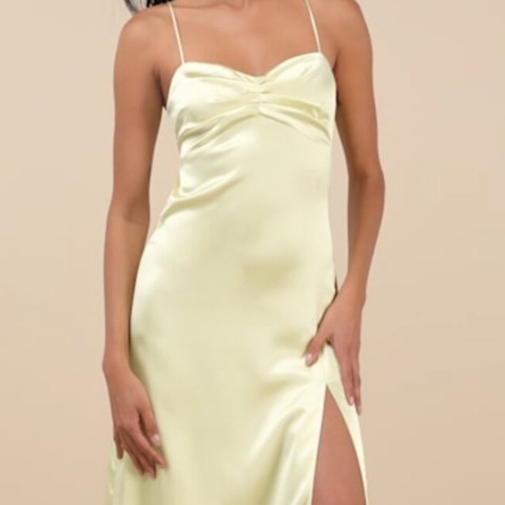 Yellow Backless Satin Gown with Slit
Lulus